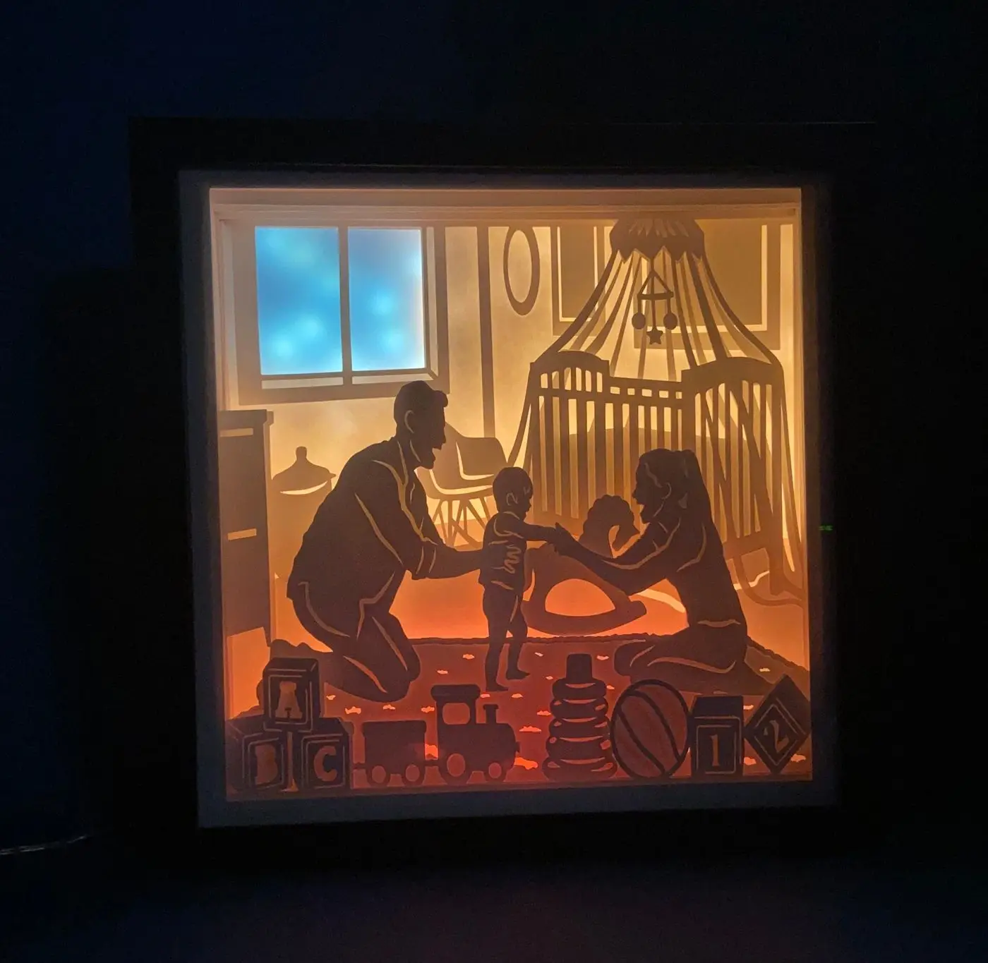 3D Papercut Shadow Box Night Light: Custom Family Scene, handmade in Waterloo